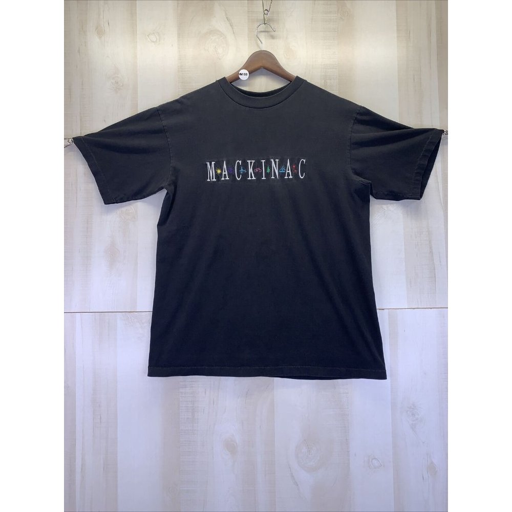 Vintage Time Square Sportswear Embroidered Mackinac Michigan Black T Shirt Adult
